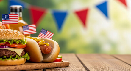 Hot dogs and burgers with American flags symbolizing Independence Day