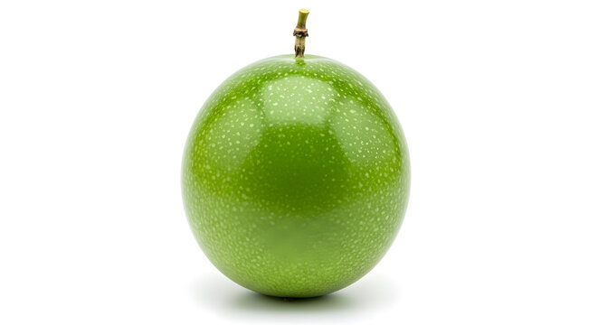 Single whole green passion fruit isolated on white background
