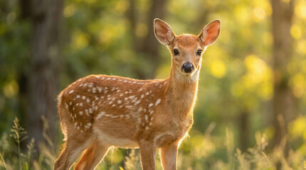 Obraz premium Cute spotted fawn standing in a sunlit forest clearing, looking at the camera
