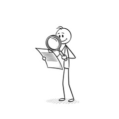 Stick figure examining document with magnifying glass in hand for presentations and marketing purposes
