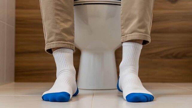 feet socks bathroom closeup blue-toe socks on tiled floor with toilet