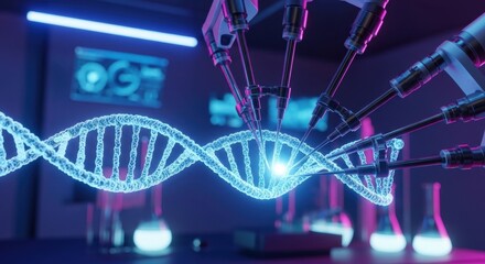Science Lab of the Future: The image presents a futuristic science lab. Highlighting the cutting-edge technology and precision of the tools employed in the manipulation of genetic material.
