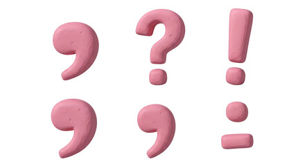 pink clay punctuation marks arranged on a plain white background symbolizing communication and expression for educational purposes