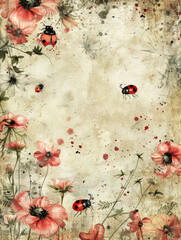 Naklejka premium Vintage floral background ladybug wildflower watercolor red flower nature insect botanical grunge textured paper with delicate blossoms and playful beetles creating whimsical rustic frame
