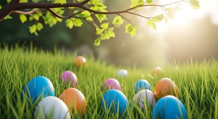Fototapeta premium Easter day celebration with colorful eggs in a sunny meadow