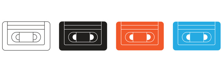 Fototapeta premium A set of four simple flat icons representing vhs tapes in outline, black, orange, and blue colors on a white background, perfect for retro media and technology themes.