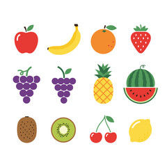 Vector illustration set of fresh fruits and berries including apple strawberry orange banana grape watermelon pear lemon pineapple and other healthy fruit icons