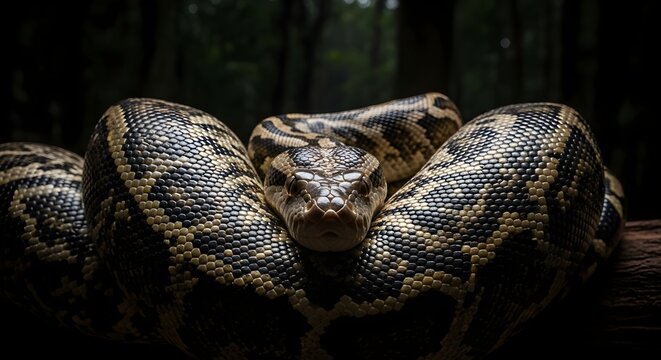 Close up of a coiled snake with patterned scales against a dark background