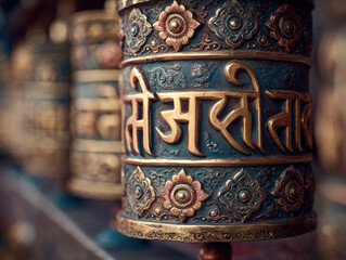 Ornate Nepalese prayer wheel macro brass engraved mantra embossed floral devotional object spiritual