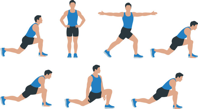 Man doing lunge exercise set, athletic workout training poses collection, fitness stretching routine demonstration, flat vector illustration