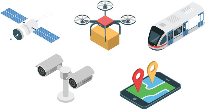 Modern technology and smart transportation isometric vector illustration set with satellite drone metro train CCTV cameras and GPS navigation icons