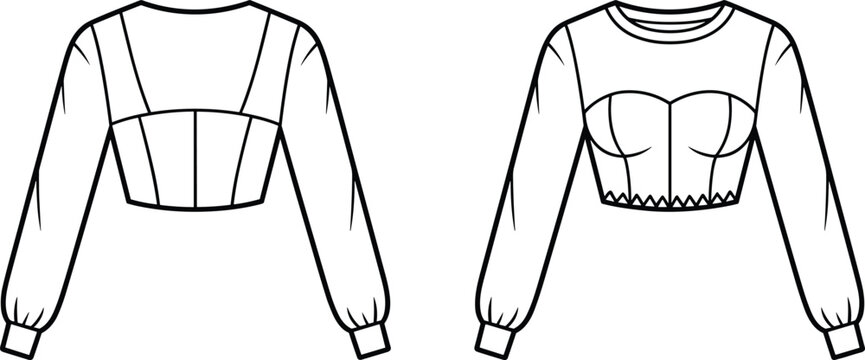 Women long sleeve crop top pattern template, bustier panel blouse technical drawing, front and back view cad flat vector illustration