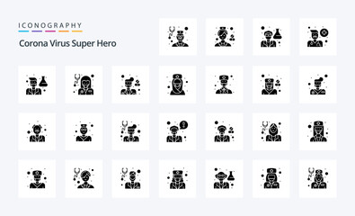 25 Corona Virus Super Hero Solid Glyph icon pack. Vector icons illustration