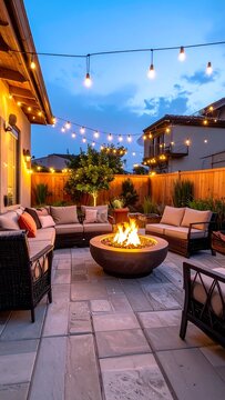 A serene backyard patio with warm lighting and a fire pit