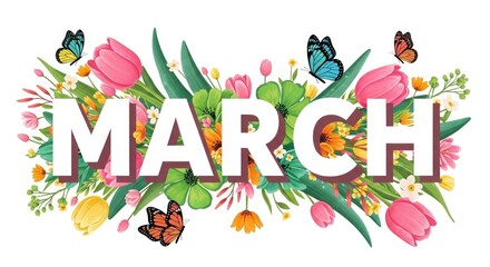 Naklejka premium Vibrant floral illustration with butterflies and the word march