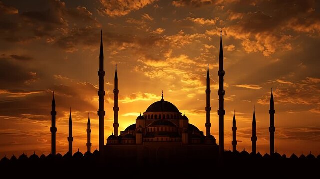 Historic mosque silhouette with minarets at vibrant sunset sky.