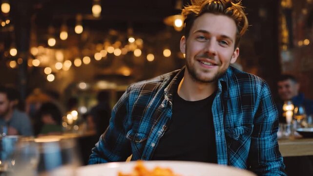 Delighted man enjoys fusion cuisine in a vibrant restaurant setting filled with warm lighting and cheerful diners