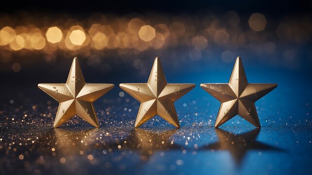 Three golden stars on sparkling blue background rating and review concept
