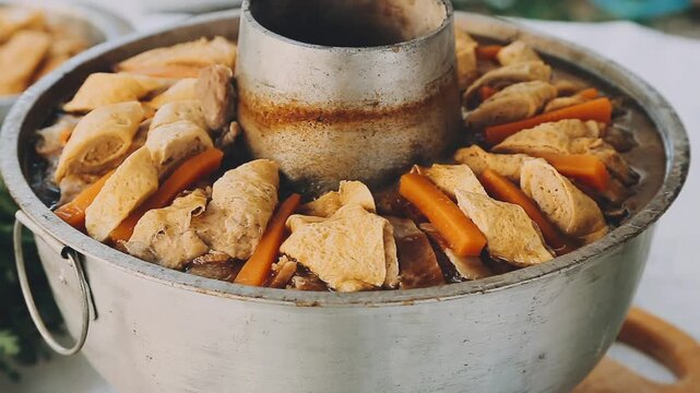 Shabu Shabu or Sukiyaki or hot pot ,Hand holding pork using chopsticks, Japanese food in restaurant