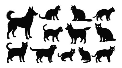 A group of dog and cat silhouettes on a white background © Juma