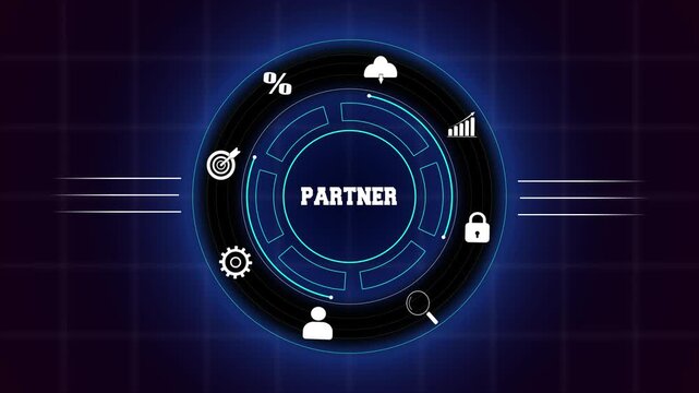 Strategic business partnership and collaborative corporate growth concept, featuring a glowing blue digital circular interface with team integration icons.