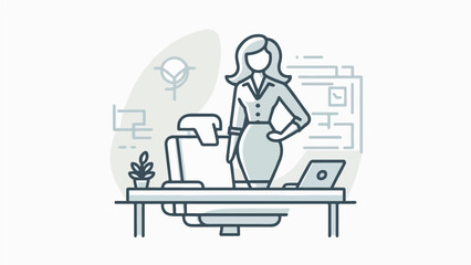 Professional Businesswoman Standing at Office Desk with Laptop and Potted Plant for Leadership and Female Empowerment Concept