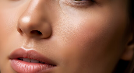 Fototapeta premium Detailed macro view of smooth skin pores nose and lips of a healthy young woman