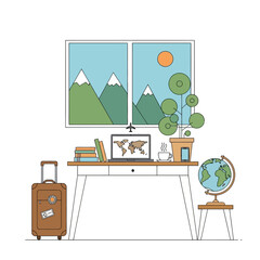 Fototapeta premium Traveler's desk with laptop showing world map, suitcase, globe, and mountain view