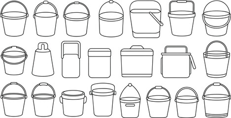Plastic Bucket Line Icons Set, Pail Containers Collection with Handles and Lids Outline Vector Illustration Isolated on White Background
