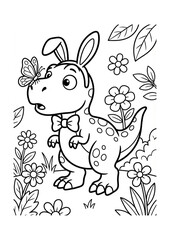 Obraz premium Cute Dinosaur Coloring Page for Kids with Bunny Ears. Easter activity sheet with a cartoon T-Rex and butterfly in a flower garden. Printable black and white line art.
