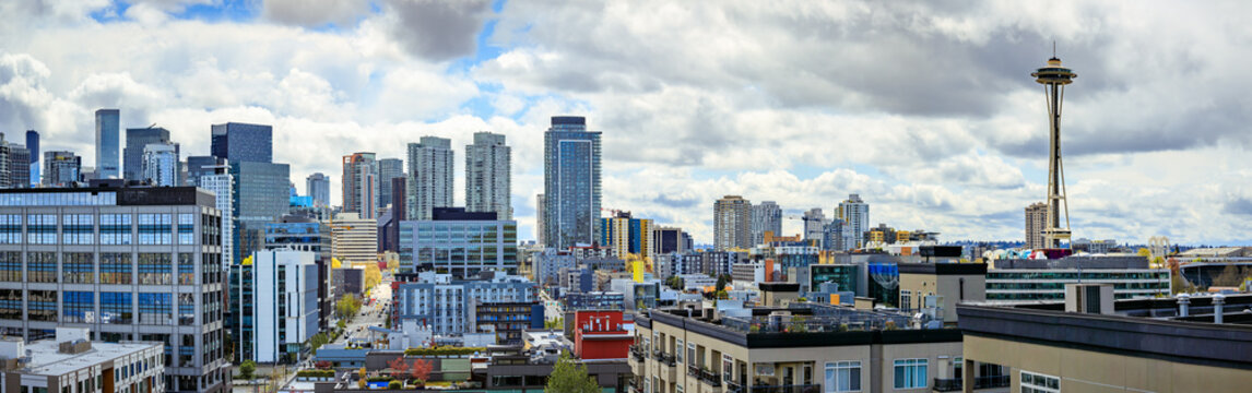 Seattle downtown skyline, Space Needle and modern skyscrapers, Washington State