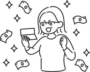 通帳を見て収入増、臨時収入に喜ぶ40代女性のイラスト　線画のみ