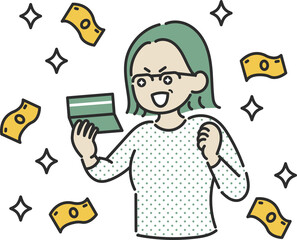 通帳を見て収入増、臨時収入に喜ぶ40代女性のイラスト