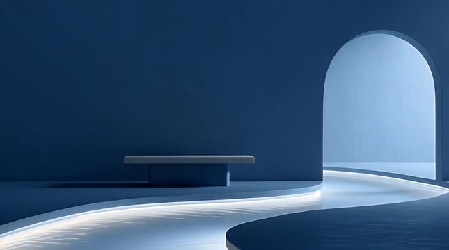 A modern studio design in monochromatic blue. A bench is placed in a corner, an archway opens to a passage with a luminous pathway