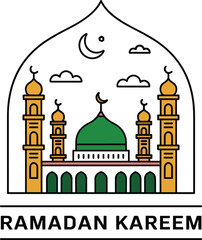 Fototapeta premium Mosque with Crescent Moon and Clouds Ramadan Kareem Greeting Islamic Architecture Flat DesignStock Illustration