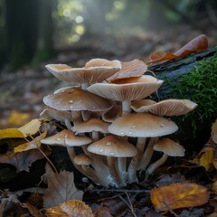 Fototapeta premium A close-up view of a large cluster of pale brown mushrooms with prominent gills, many adorned with tiny water droplets, sits on a mossy log in a misty autumn forest, surrounded by fallen brown and