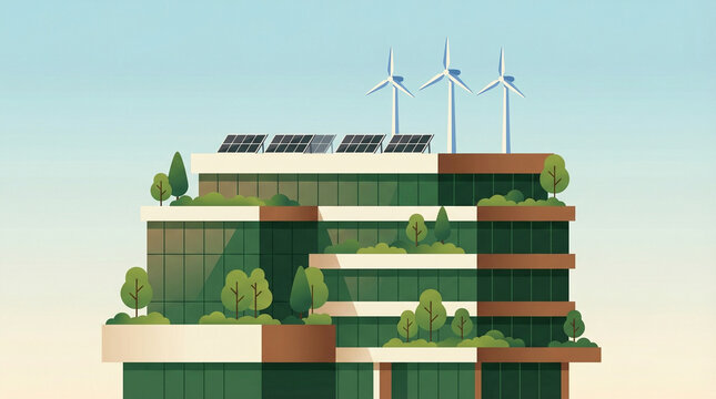 Eco-friendly city building design featuring green terraces, rooftop solar panels, and wind turbines, representing sustainable urban development