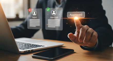 Naklejka premium Businessman Approving Digital Documents on Virtual Interface – Online Recruitment, HR Management and Paperless Workflow Concept