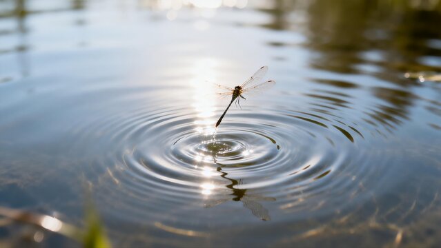 Dragonfly touching water creating ripples