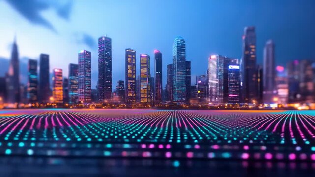 Futuristic smart city skyline at night with neon glowing digital data grid foreground