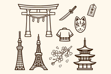 Fototapeta premium Handdrawn Japanese Culture Icons A Collection of Traditional Symbols and Landmarks