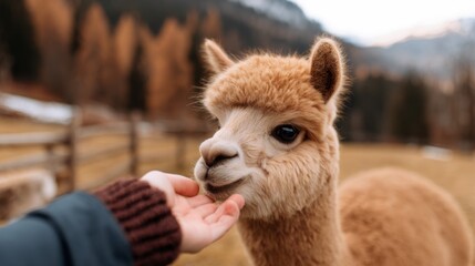 Obraz premium A friendly alpaca interacts gently with a person's hand in a serene mountainous setting