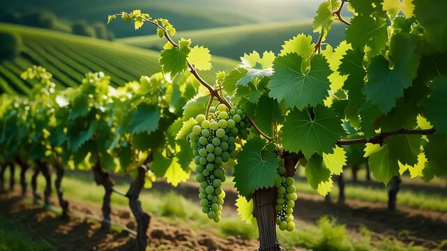 Vineyard with ripe grapes in autumn morning in France