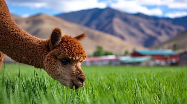 A close-up view of a grazing alpaca with a soft brown coat set against mountainous scenery