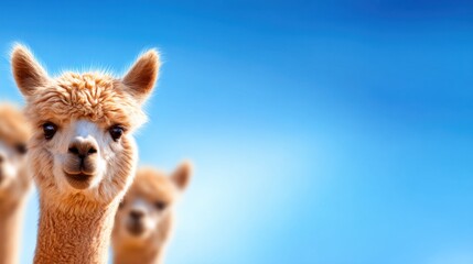 Obraz premium Three adorable alpacas gaze playfully against a bright blue sky, showcasing their fluffy coats