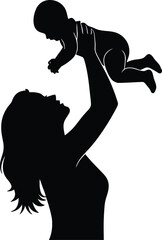 Silhouette of a woman holding baby in air