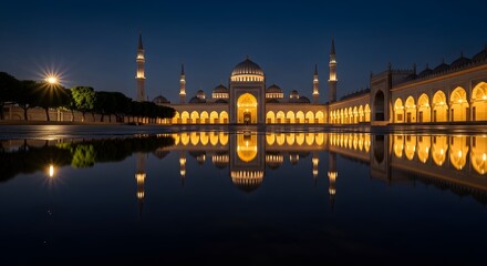 Obraz premium Nighttime architectural landscape with illuminated structures reflected in water