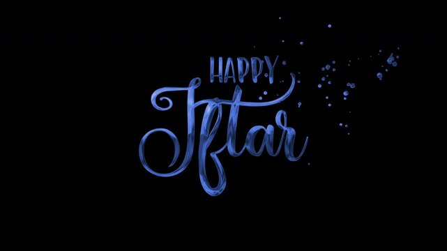 Phrase happy iftar in blue cursive font suitable for ramadan greeting cards, social media posts, posters, and web banners.