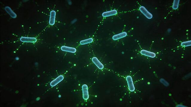 Microscopic view of bacterial quorum sensing, bacteria communicating with chemical signals visualized as glowing particles