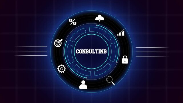 Advanced business consulting and strategic advisory excellence, featuring a blue digital interface with professional insight and leadership icons.